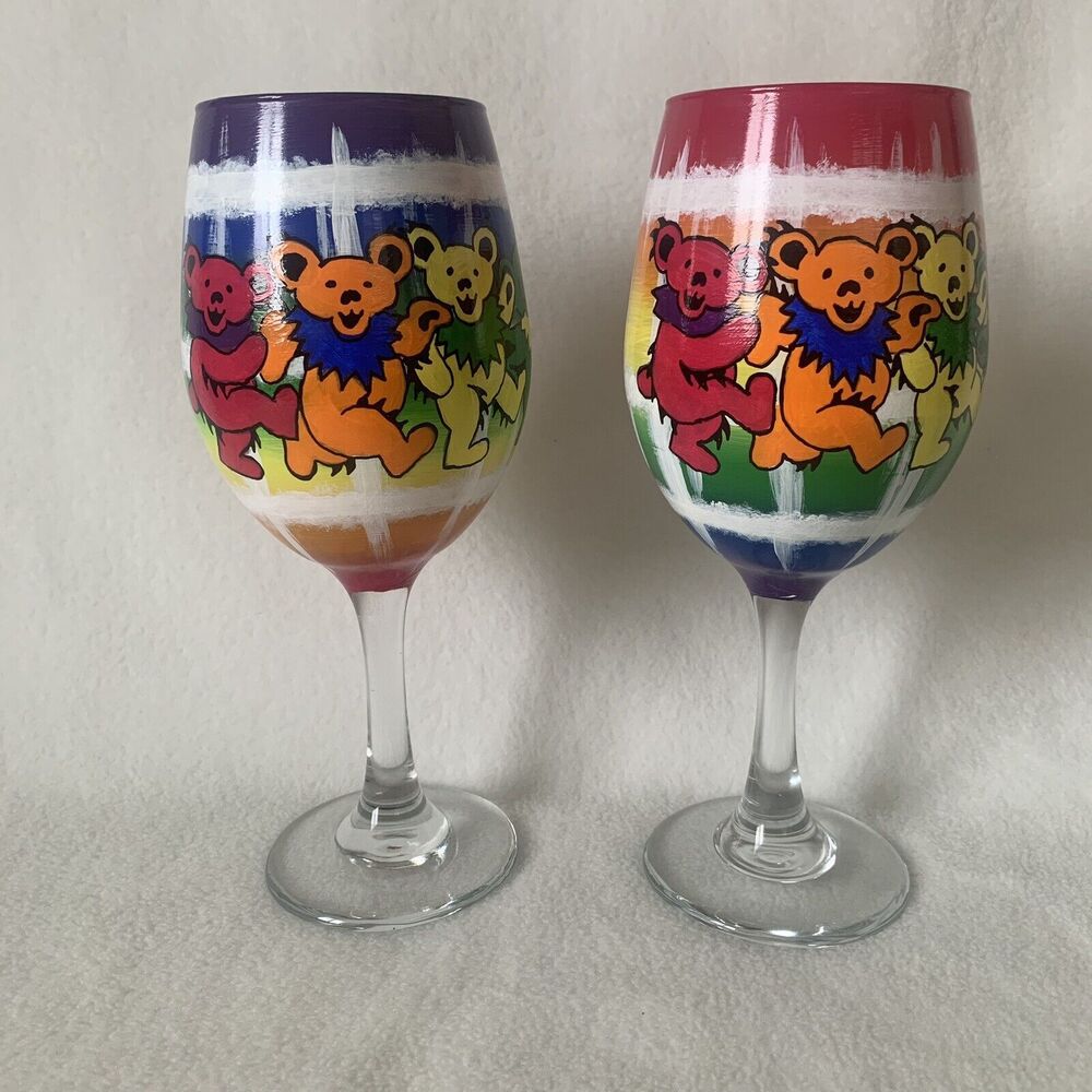 ORIGINAL Rebecca Suriano Hand Painted Grateful Dead Dancing Bears Wine Glasses